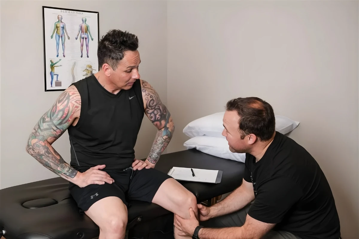 Physical therapist assessing an athlete's movement and joint mobility