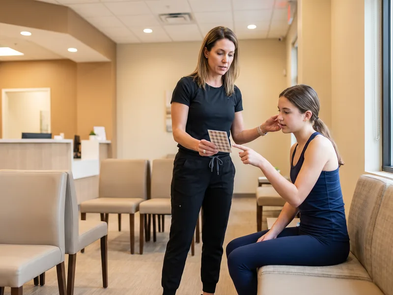Physical therapist guiding a patient through a vestibular gaze-tracking exercise